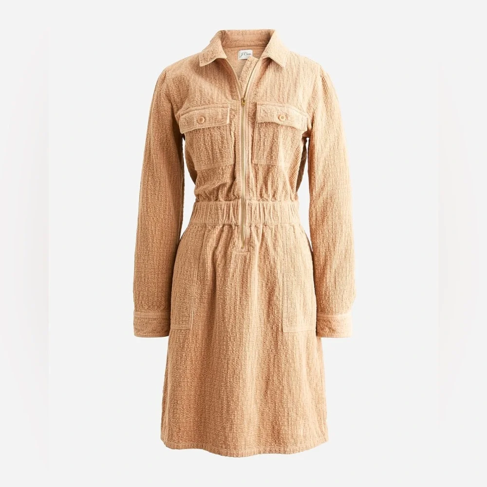 J. Crew Zip Front Cinched Waist Textured Corduroy Dress Pale Mocha Women Size 6